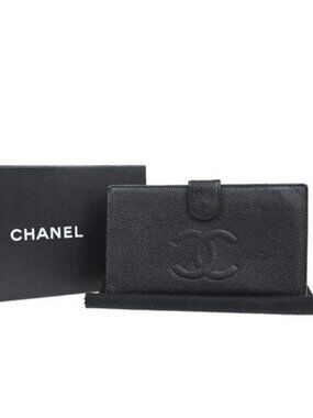 CHANEL CC Logo Bifold Long Wallet Grained Calfskin Leather Black France 16RL991